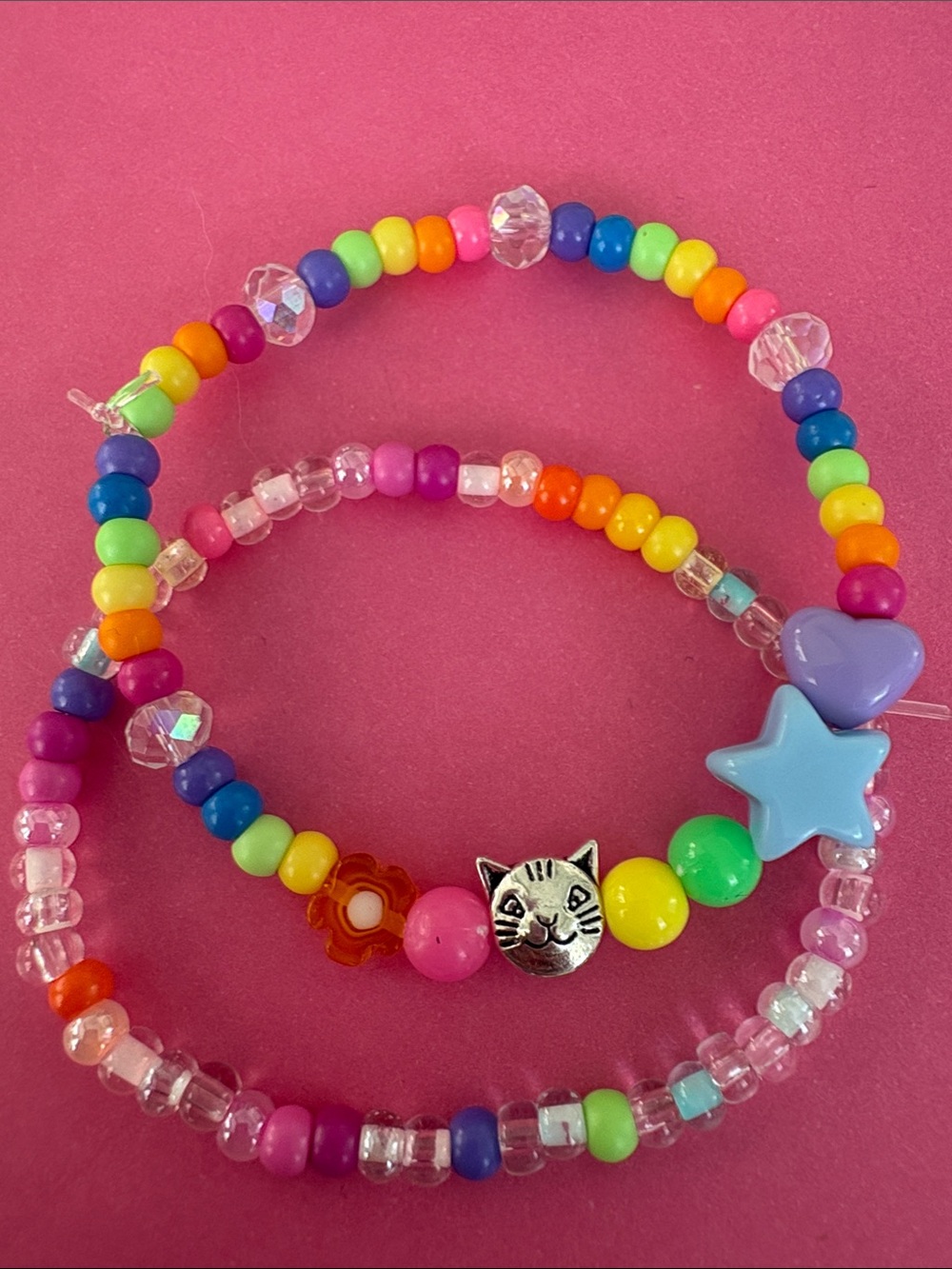 Multicolor Beaded Charm Bracelets - Cat, Star & Heart Charms
